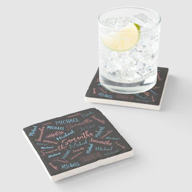 Two names couples pattern monogram blue light pink stone coaster (Side)