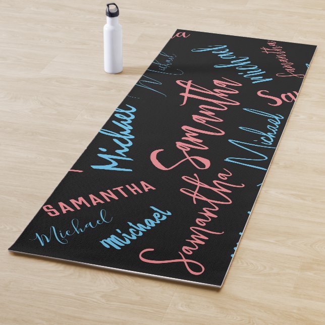 Two names couples pattern monogram blue light pink yoga mat (In Situ)