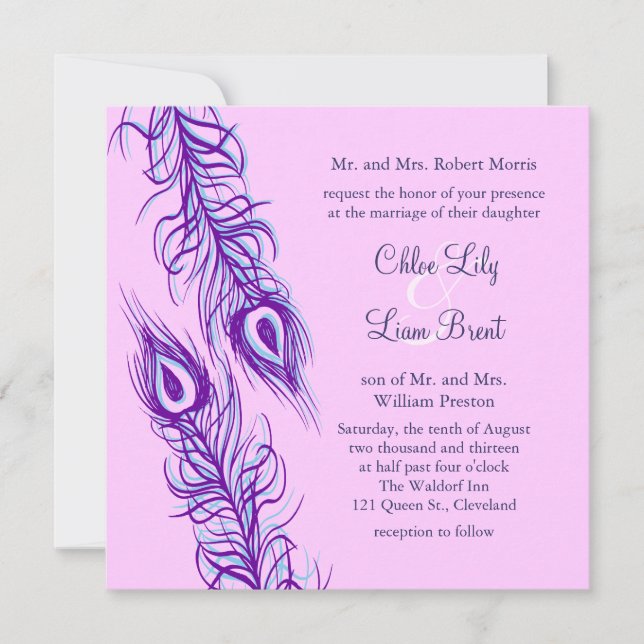 Two of a Kind Peacock Feathers Invitation (Front)