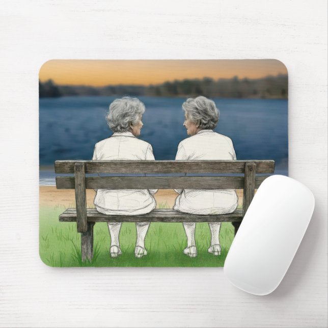 Two Old Ladies Chatting on a Bench Mouse Pad (With Mouse)