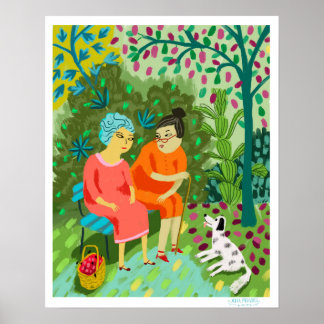 two old ladies chatting on a bench poster