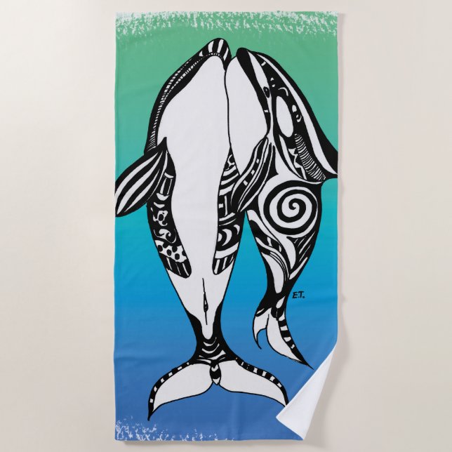 Two Orca Killer Whales Tribal Doodle Teal Blue Beach Towel (Front)