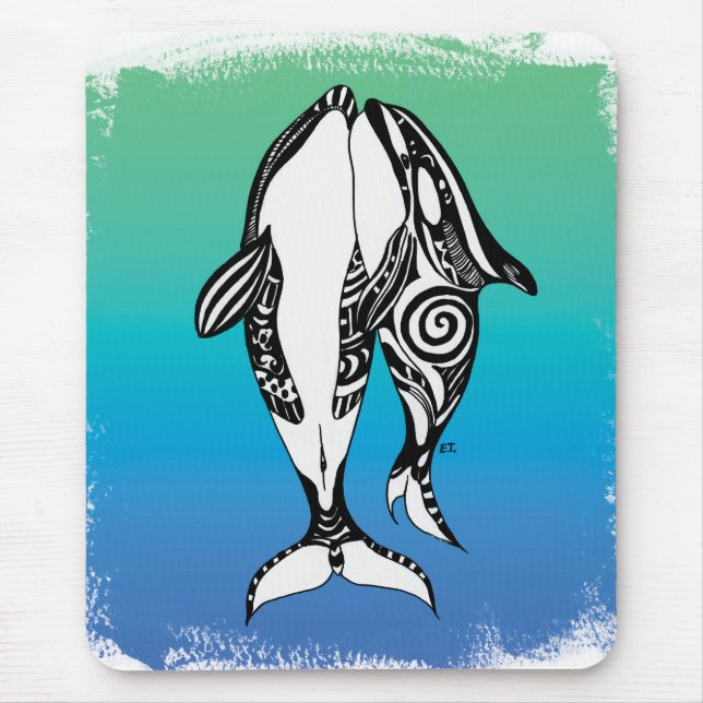 Two Orca Whales Teal Blue Brushed Tribal Mouse Pad (Front)