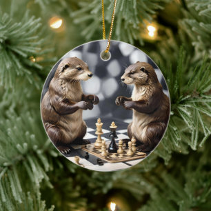 Two Otters Playing Chess,  Ceramic Tree Decoration