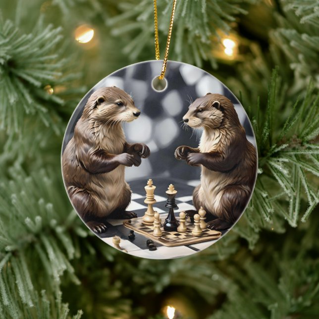 Two Otters Playing Chess,  Ceramic Tree Decoration (Tree)