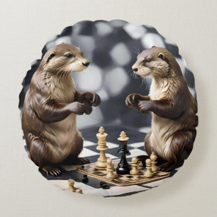 Two Otters Playing Chess,  Round Cushion