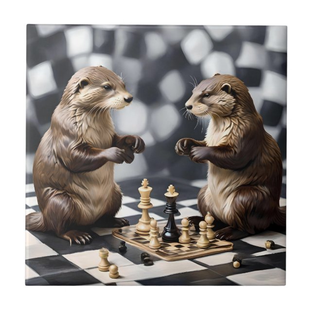 Two Otters Playing Chess,  Tile (Front)