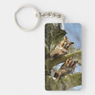 Two Owls in the Woods, birds, wildlife Keychain