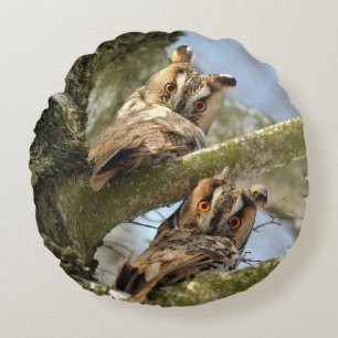 Two Owls in the Woods, birds, wildlife Round Pillo Cushion