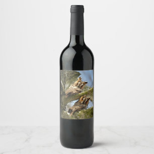 Two Owls in the Woods, birds, wildlife Wine Label