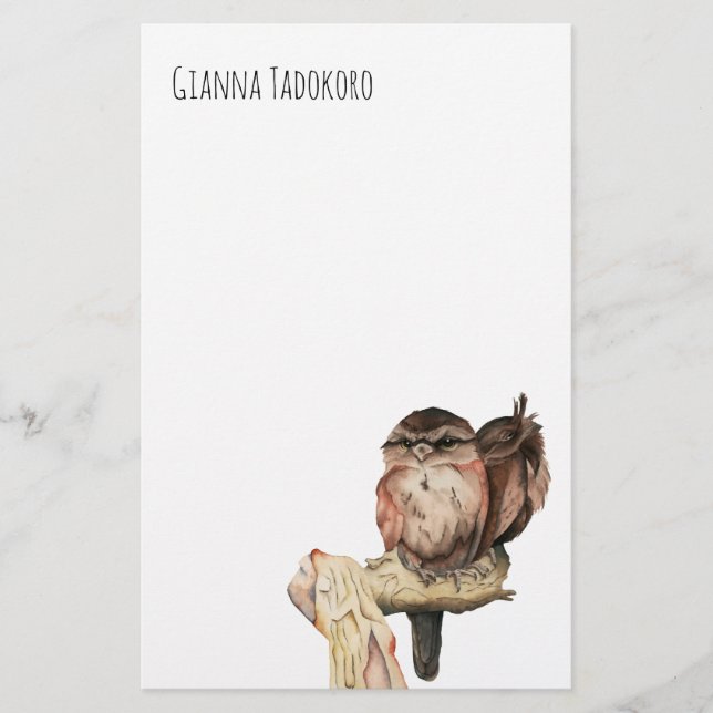 Two Owls on Branch Watercolor | Add Your Name Stationery (Front)