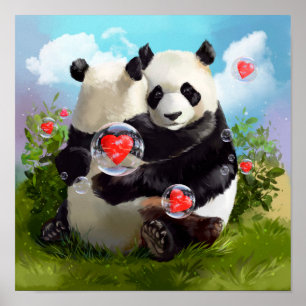 Two pandas in love hugging poster