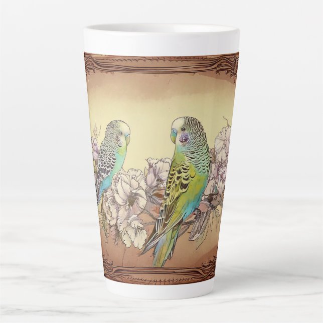 Two Parakeets and Blossoms Latte Mug (Front)