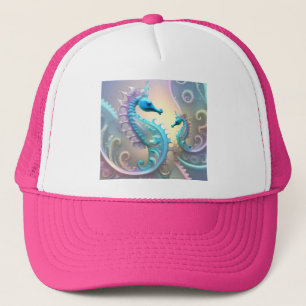 Two Pastel Fractal Art Seahorses, Trucker Hat
