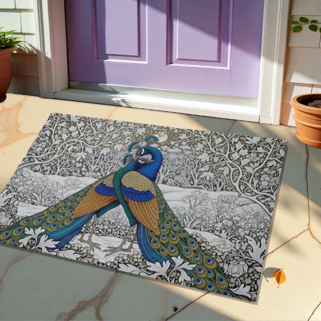Two Peacocks Embrace Art Nuovo Floral Winter /Gold Doormat (Creator Uploaded)