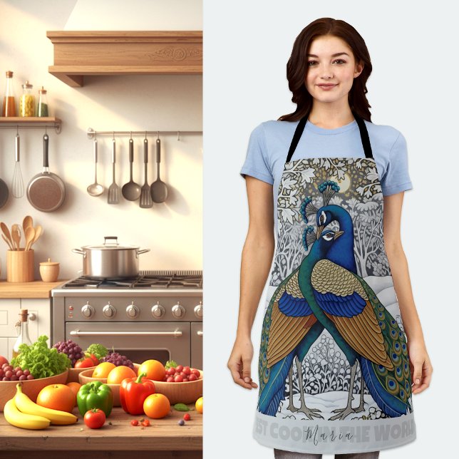 Two Peacocks in Love Art Apron, Chefs Kitchen Apron (Two Peacocks in Love Kitchen Apron)