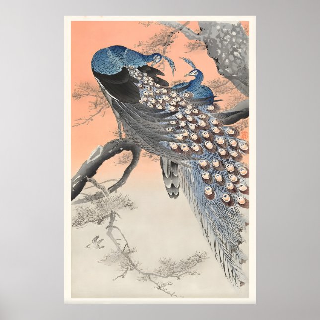 Two Peacocks on Tree Branch Japanese Fine Art Poster (Front)