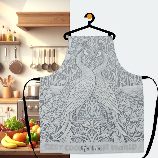 Two Peacocks Winter Love Art Apron, Chefs Kitchen Apron (Two Peacocks Art Apron)