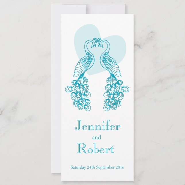 Two Peafowl teal wedding invitation (Front)