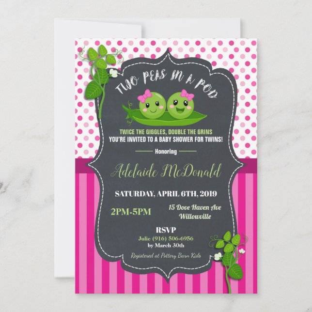 Two Peas in a Pod Baby Shower Invitation for Twins (Front)
