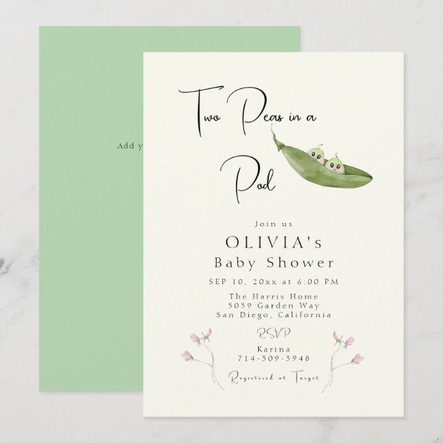 Two Peas in a Pod Girl Baby Shower Invitation (Front/Back)