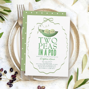Two Peas in a Pod Green Bow Twin Baby Shower Invitation