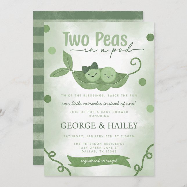 Two Peas In a Pod Twin Baby Shower Invitation (Front/Back)