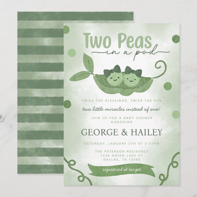 Two Peas In a Pod Twin Girls Baby Shower Invitation (Front/Back)