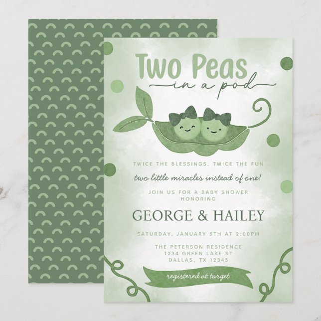 Two Peas In a Pod Twin Girls Baby Shower Invitation (Front/Back)