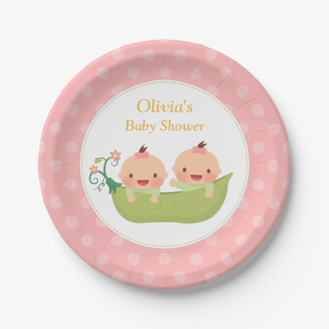 Two Peas in a Pod Twin Girls Baby Shower Pink Paper Plate (Front)