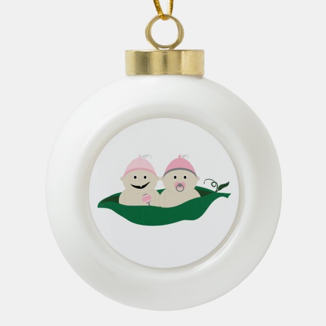 Two Peas in a Pod Twins Baby Girls Ceramic Ball Christmas Ornament (Front)