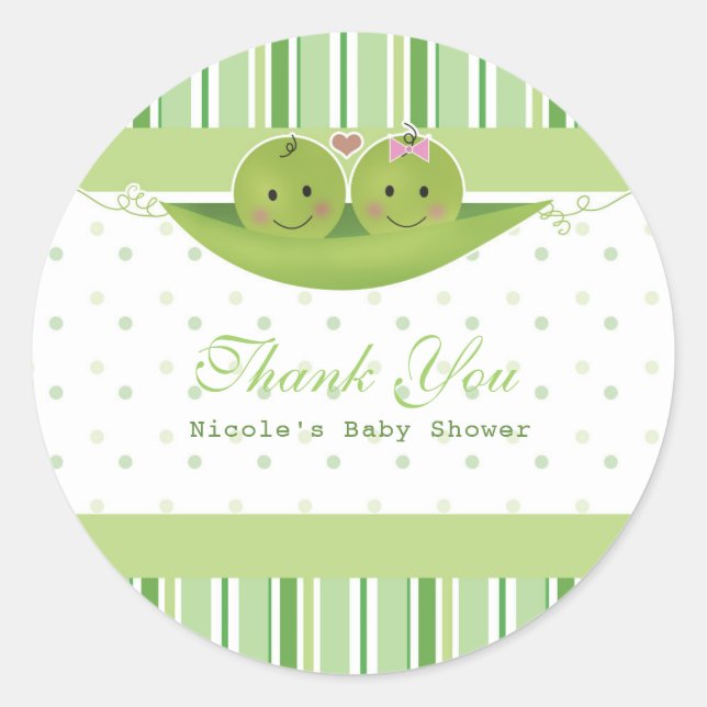 Two Peas in a Pod Twins Baby Shower Party Favour Classic Round Sticker (Front)