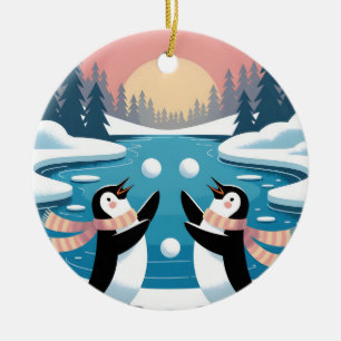 Two Penguins Juggling Snowballs in a Winter Sunset Ceramic Tree Decoration