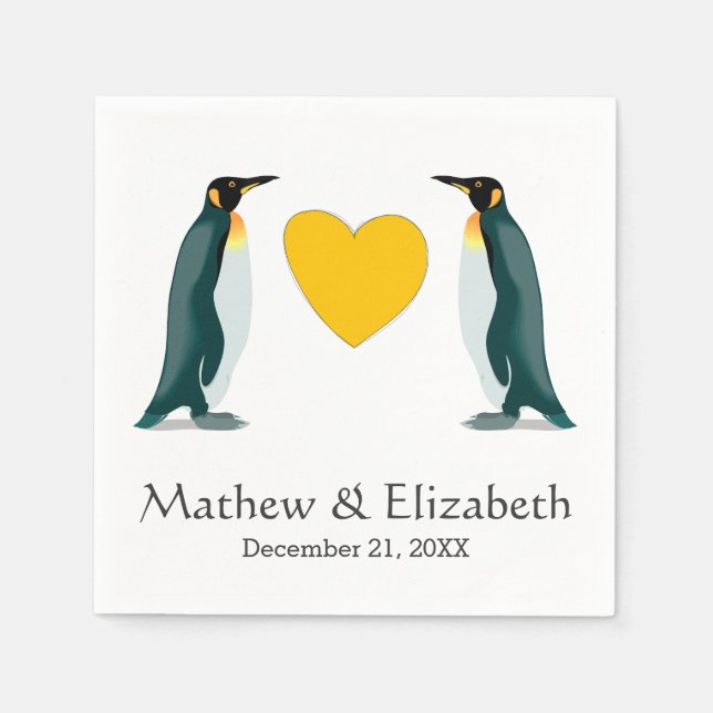 Two Penguins | Yellow Heart | Wedding Napkin (Front)