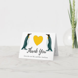 Two Penguins   Yellow Heart   Wedding Thank You Card