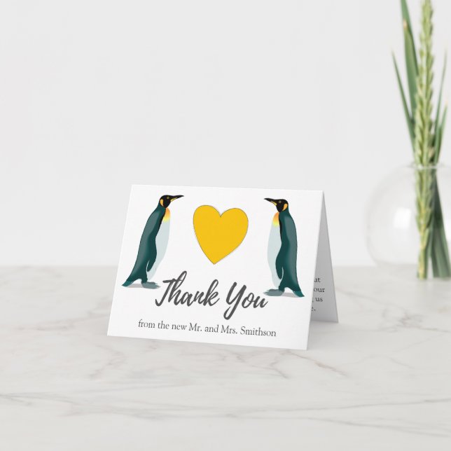 Two Penguins | Yellow Heart | Wedding Thank You Card (Front)