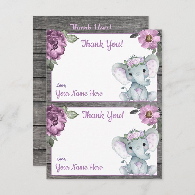 Two Per Page Thank You Cards Elephant Girl Shower (Front/Back)
