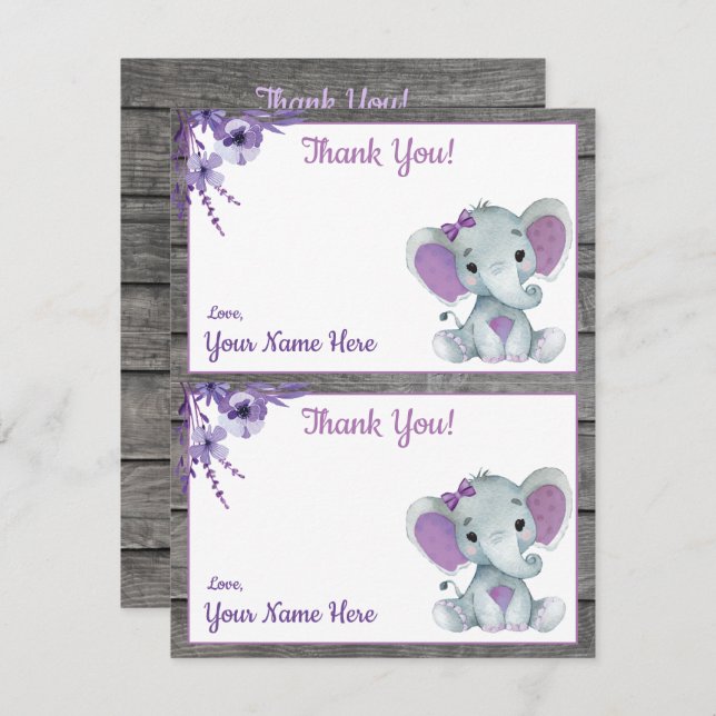 Two Per Page Thank You Cards Elephant Purple (Front/Back)