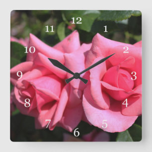 two perfect hot pink rose flowers. love square wall clock