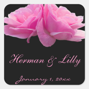 Two Perfectly Pink Roses Personalised Wedding Square Sticker