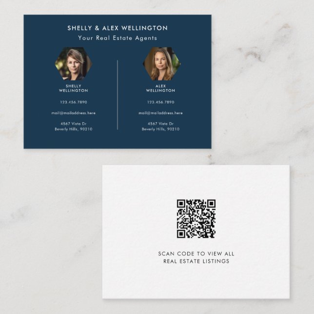 Two Person Blue Custom QR Code Photo Real Estate Business Card (Front/Back)