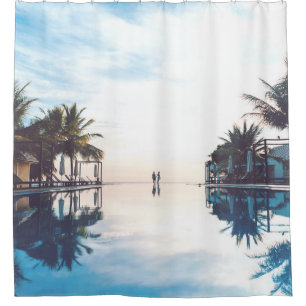 Two person standing beside swimming pool shower curtain