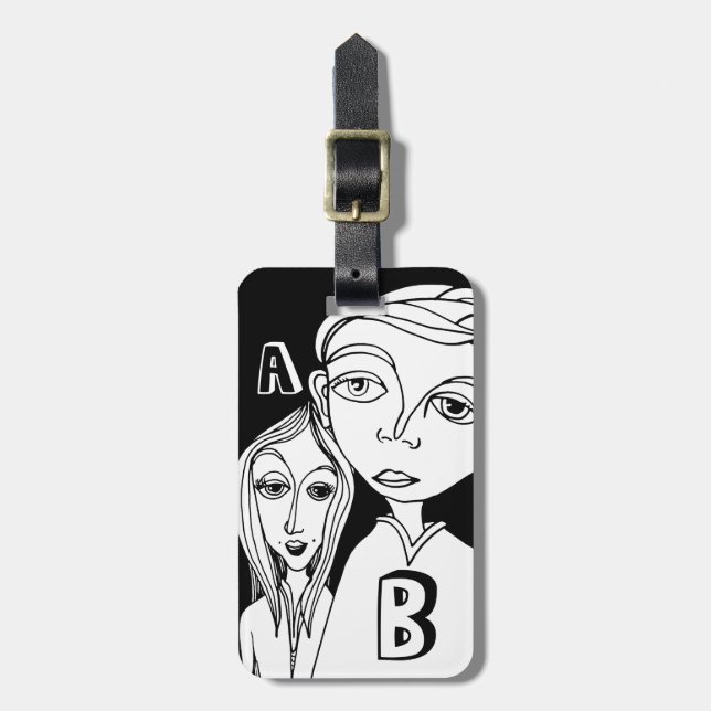 Two Personalised Letters & Fun Doodle Characters Luggage Tag (Front Vertical)