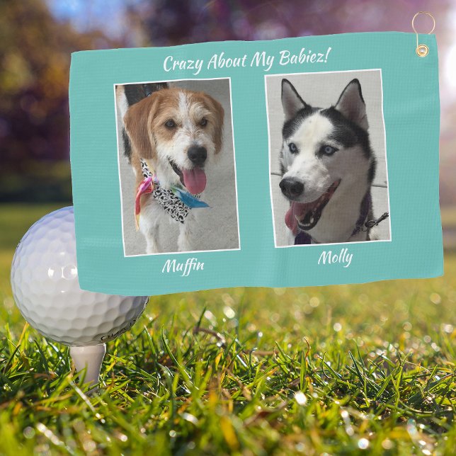Two Pet Photos, Names & Message Customise, Teal Golf Towel (Creator Uploaded)