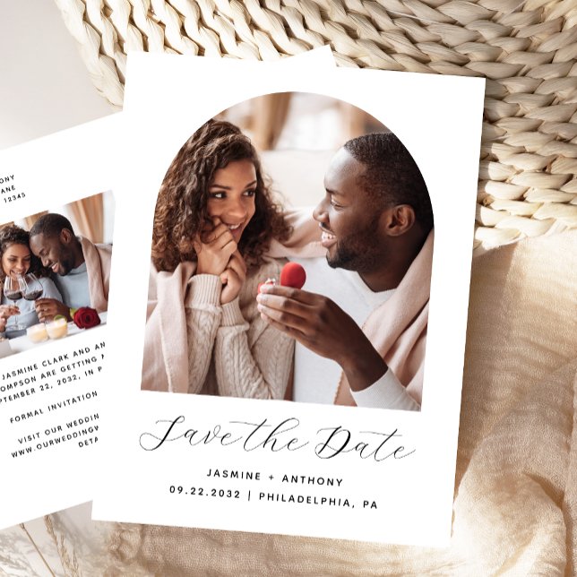 Two Photo Arch Black White QR Code Save the Date Postcard (Creator Uploaded)