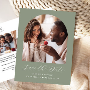 Two Photo Arch Sage Green QR Code Save the Date Postcard