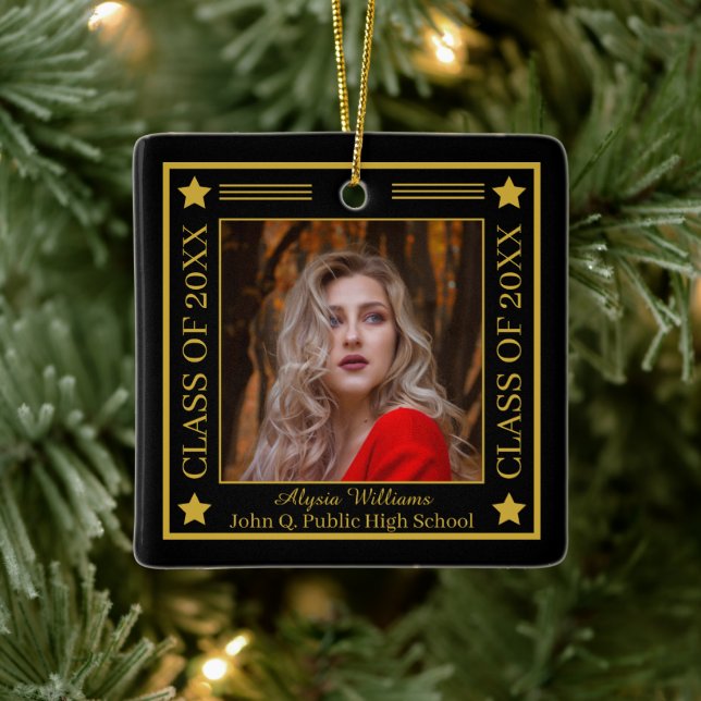 Two Photo Black | Gold Class Year Graduation Ceramic Ornament (Tree)