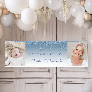 Two Photo Blue Dripping Glitter 60th Birthday Banner