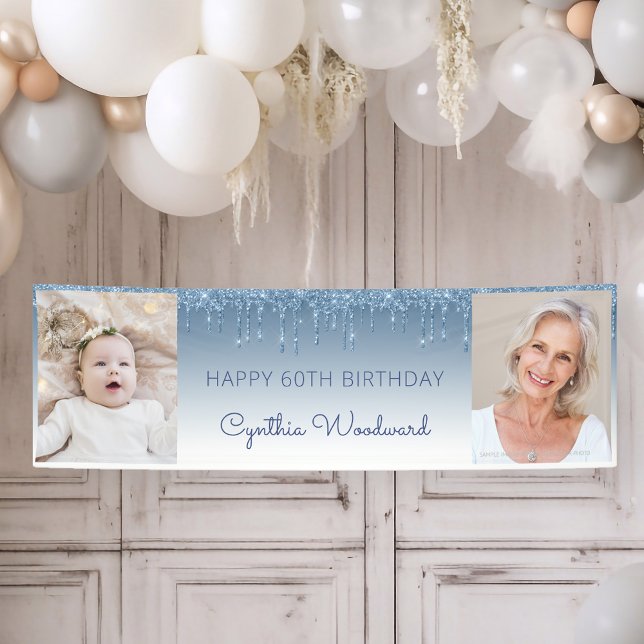 Two Photo Blue Dripping Glitter 60th Birthday Banner (Creator Uploaded)