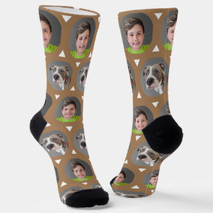 Two Photo Child or Pet Photo Custom Brown Socks
